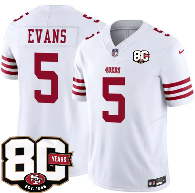 Men's White San Francisco 49ers #5 Mike Evans 80th Anniversary Patch 2026 F.U.S.E. Vapor Untouchabl2026 F.U.S.E. Vapor Untouchable Limited Stitched Football Jersey